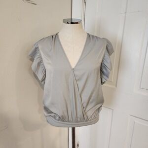 Express Womens Grey Green Faux Wrap Flutter Sleeve V‎ Neck Bodysuit Medium